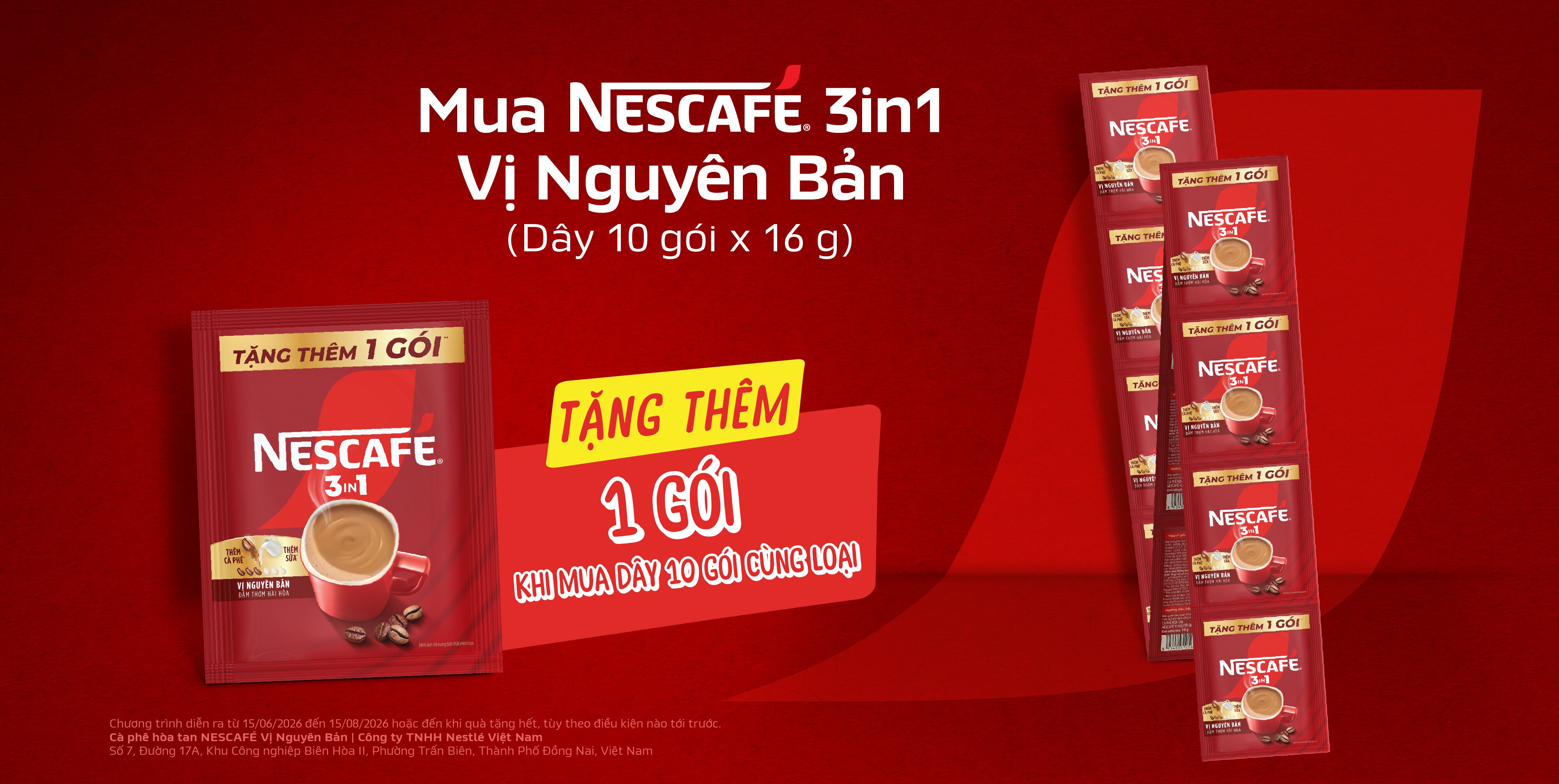 Chương trình khuyến mãi sản phẩm Cà phê hòa tan NESCAFÉ Vị Nguyên Bản 160g (dây 10 x 16 g) tặng 1 gói NESCAFÉ Vị Nguyên Bản 1